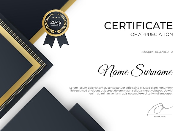 PSD modern black and gold certificate of achievement template can be use for online course webinar se