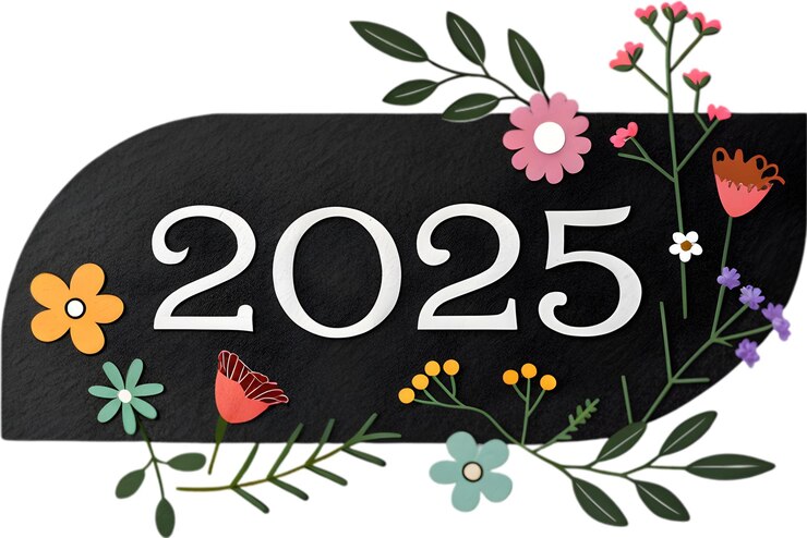 PSD modern black numerals dance among delicate wildflowers in minimalist 2025 design