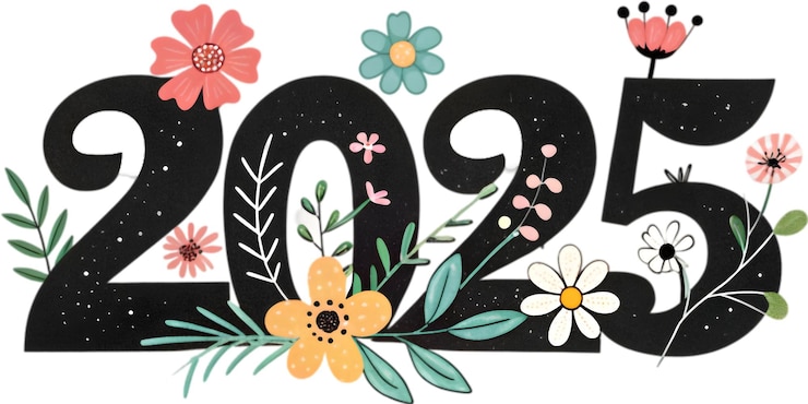PSD 現代の黒い数字はミニマリストの2025デザインで細な野生の花の間で踊ります