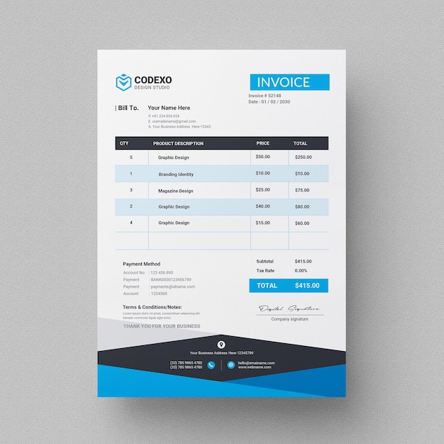 Modern blue and black corporate professional business invoice template