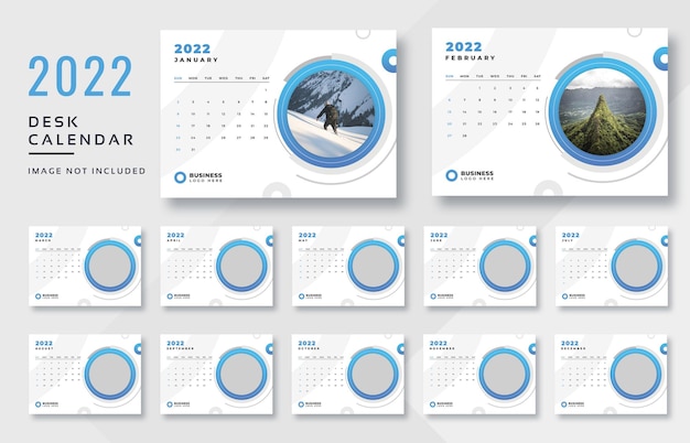 PSD Современный синий настольный календарь на 2022 год распечатать готовый шаблон
