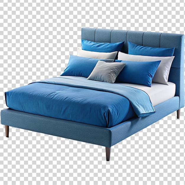 Modern blue double bed with pillows isolated on transparent background