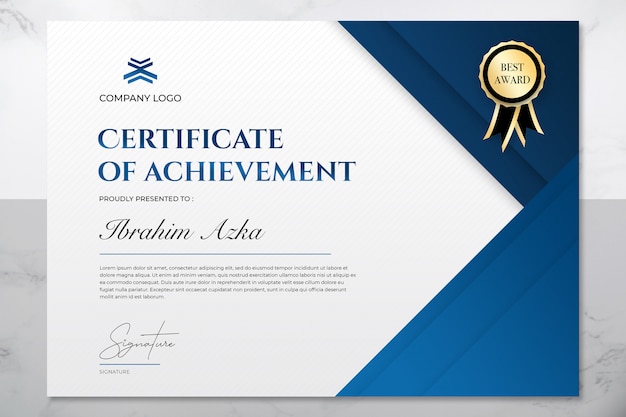 PSD modern blue and gold certificate of achievement template