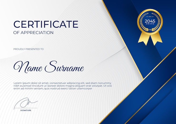 PSD modern blue gold certificate of appreciation template suit for award business corporate education