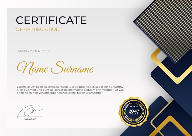 PSD modern blue gold certificate of appreciation template suit for award business corporate education