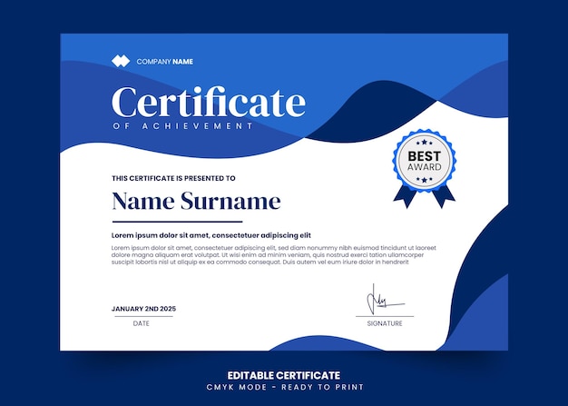 Modern blue wavy certificate design template