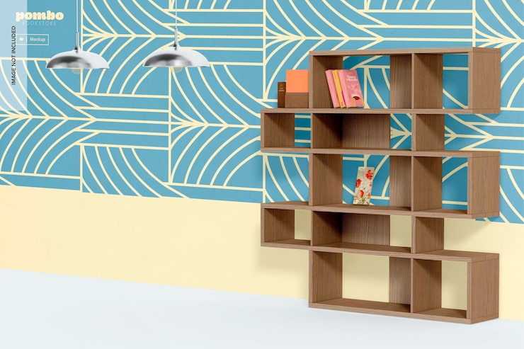 PSD modern bookstore wall mockup with bookcase