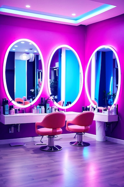 PSD modern bright beauty salon hair salon interior business with chairs round mirrors and neon light