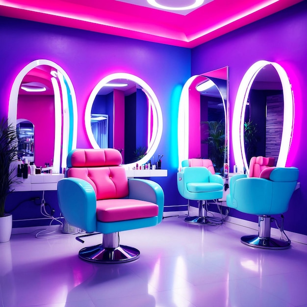 Modern bright beauty salon hair salon interior business with chairs round mirrors and neon light