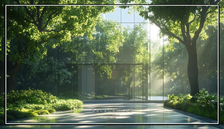 PSD modern building entrance surrounded by lush greenery with sunlight streaming through the glass