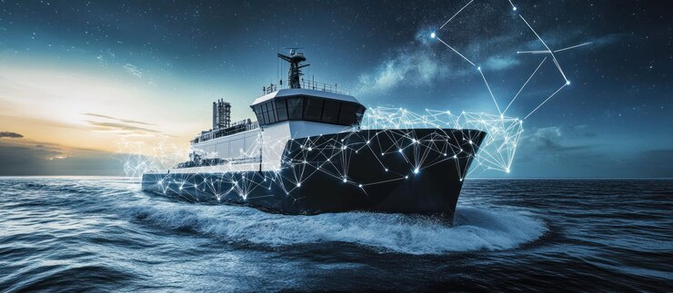 PSD modern cargo ship sailing at sunset connected to a network
