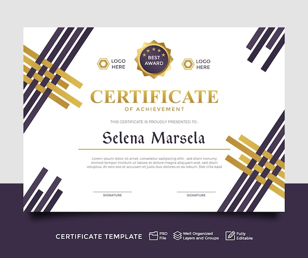 PSD modello di certificato moderno oro viola