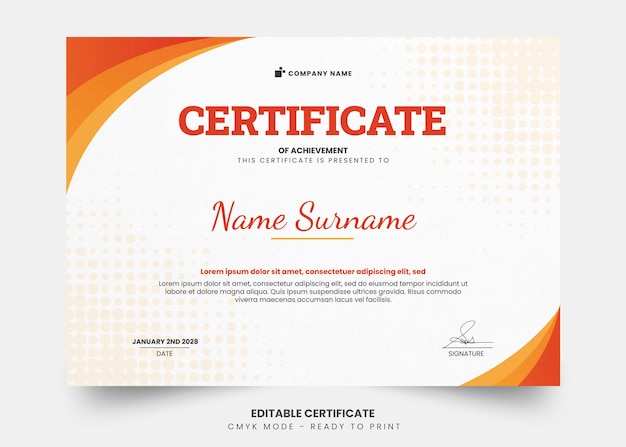 PSD modern certificate with simple orange gradient editable template