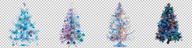 PSD modern christmas tree with holographic tinsel and futuristic ornaments set isolated on transparent background