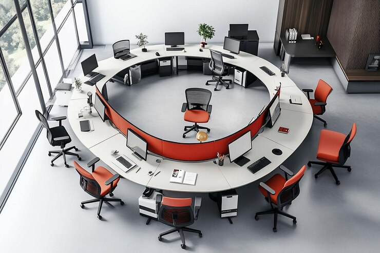 PSD modern circular office layout with desks computers and chairs