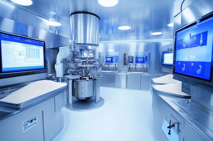PSD modern cleanroom interior with advanced pharmaceutical equipment and computer monitors