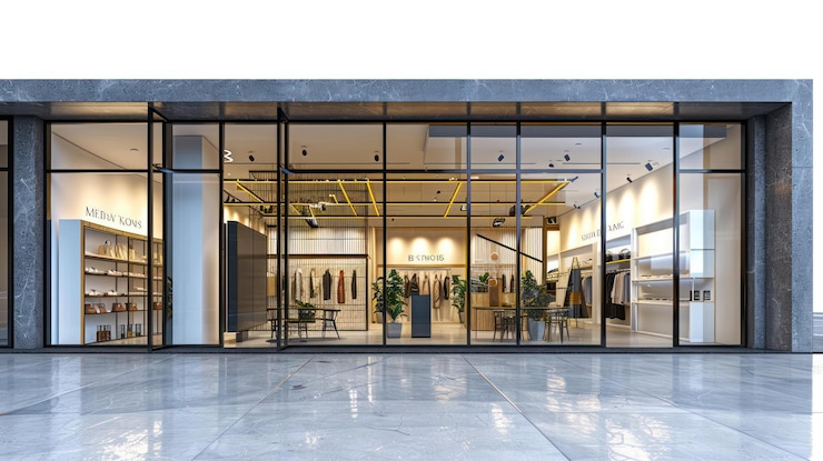 PSD modern clothing store storefront with large glass windows showcasing interior displays and mannequins