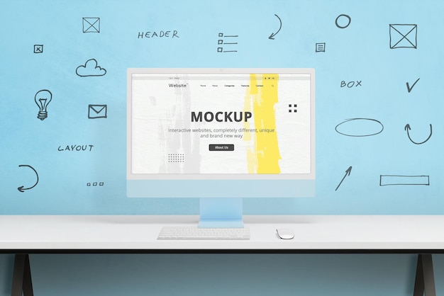 Modern computer display mockup surrounded by web design icons