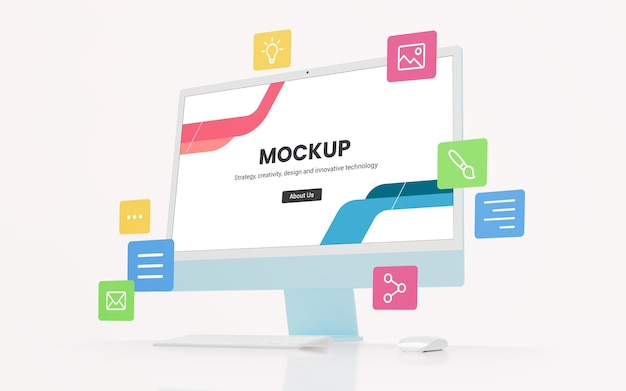 Modern computer display mockup with flying web design icons