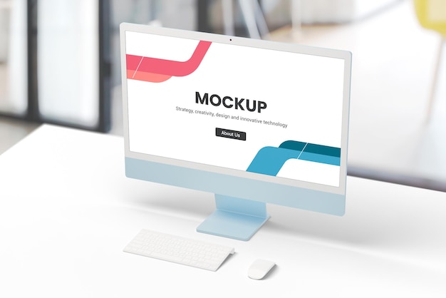 PSD modern computer display on an office desk mockup