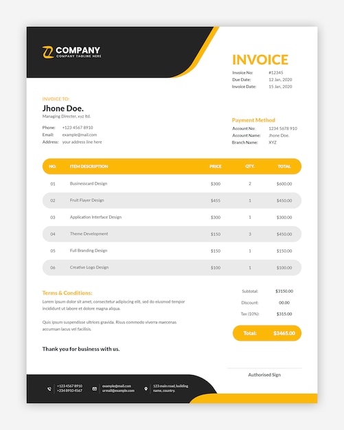 Modern corporate  yellow business invoice template