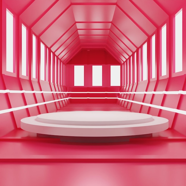 Modern corridor 3d Render white podium on red background