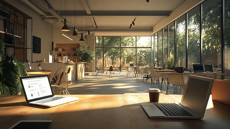 PSD modern coworking space with natural light laptops and coffee