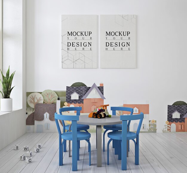 Asilo nido moderno e carino con mockup di poster e sedia blu