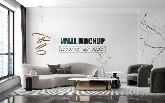 Mockup di parete dello spazio del soggiorno decorato in stile moderno