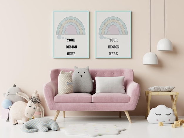 Modern and design Mockup frames in child room interior on empty white wall,3D rendering