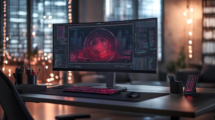 PSD a modern desk with a computer displaying a futuristic interface