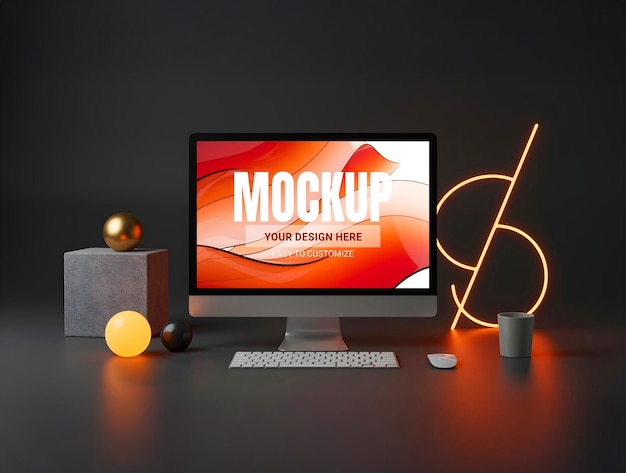 modern desktop computer mockup with abstract red background and geometric elements