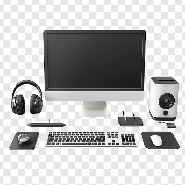 Modern desktop computer setup with peripherals isolated on transparent background