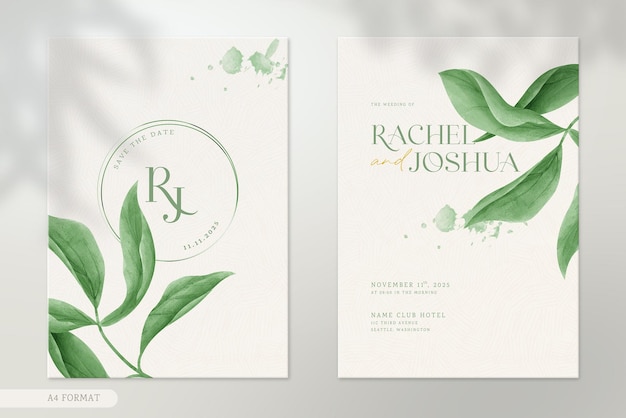 Modern double side wedding invitation template with green leaves watercolor ornaments