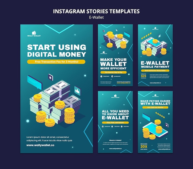 Modern e-wallet social media stories set