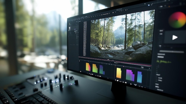 Modern editing suite with video editing software open on a computer monitor showcasing video editing tools color grading controls and a nature scene