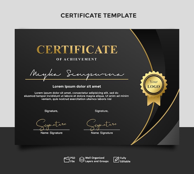 Modern eenvoudig elegant certificaatsjabloon zwart goud