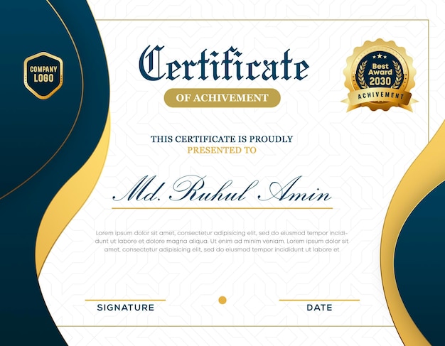 Certificato moderno ed elegante con gradiente d'oro per il design del modello di realizzazione con badge