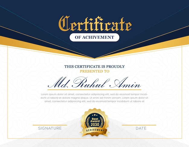 PSD modern elegant gold gradient certificate of achievement template design with badge