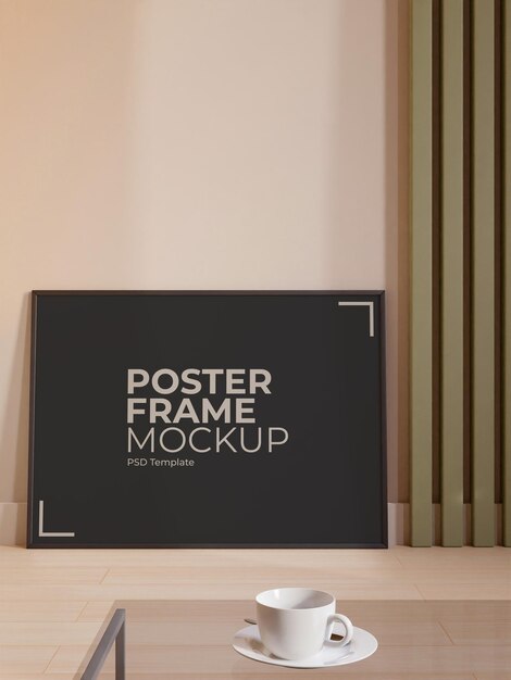 Modern en minimalistisch horizontaal zwart poster- of fotolijstmodel dat tegen de kamermuur leunt