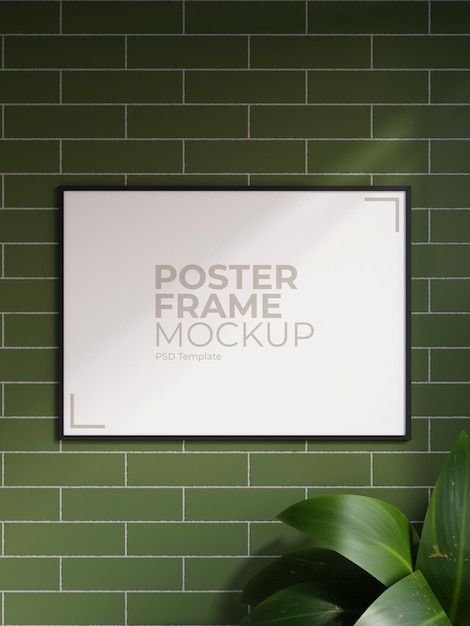 Modern en minimalistisch horizontaal zwart poster- of fotolijstmodel op de bakstenen muur in een kamer met plant en schaduw 3d-rendering