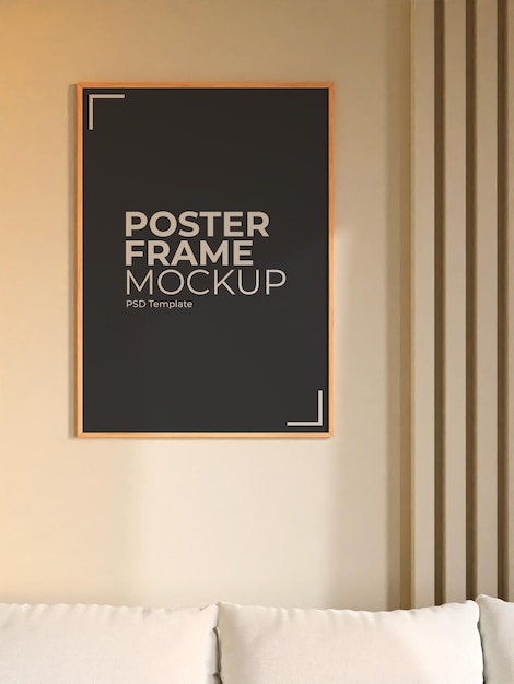 Modern en minimalistisch verticaal houten poster- of fotolijstmodel aan de muur in de woonkamer