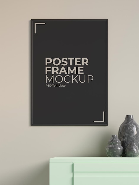 Modern en minimalistisch verticaal zwart poster- of fotolijstmodel aan de muur in de woonkamer