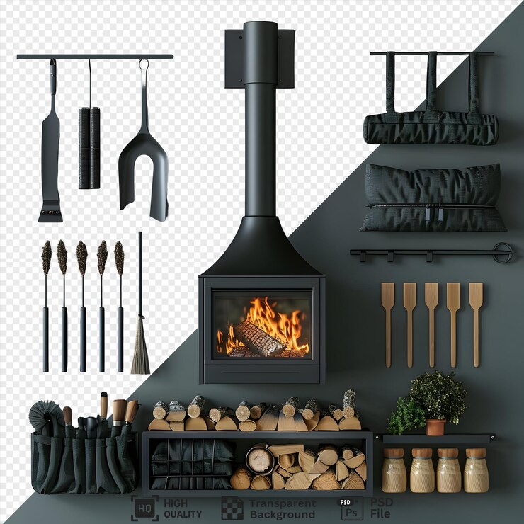 PSD modern fireplace with black metal accents and wood storage on a teal wall isolated on transparent background