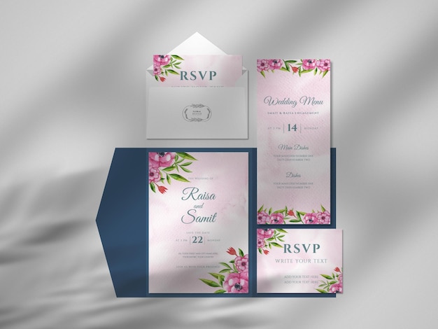 PSD modern floral hand drawn watercolor business card paper mockup with shadow overlay