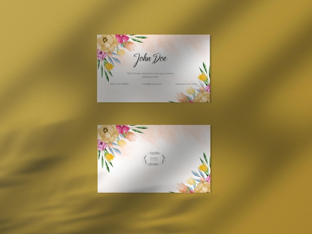 PSD modern floral hand drawn watercolor business card paper mockup