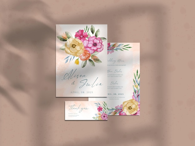 PSD modern floral hand drawn watercolor business card paper mockup