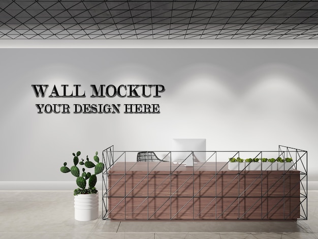 PSD modern front desk wall mock up.