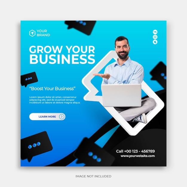 Modern futuristic business ads social media post template with grow your business concept