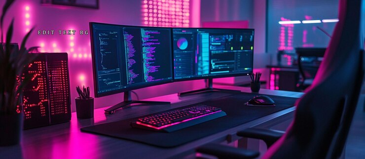 PSD modern gamer workspace with triple monitors displaying code keyboard mouse and rgb lighting